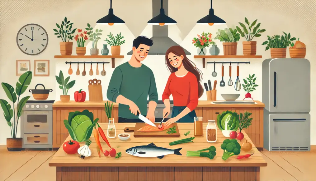 A couple preparing a healthy meal together