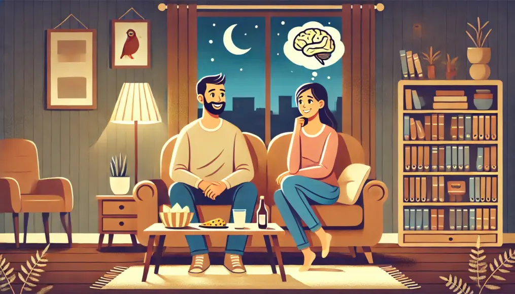 A couple sitting on a sofa in their living room at night, enjoying a psychological game together. They are laughing and sharing a warm and intimate moment