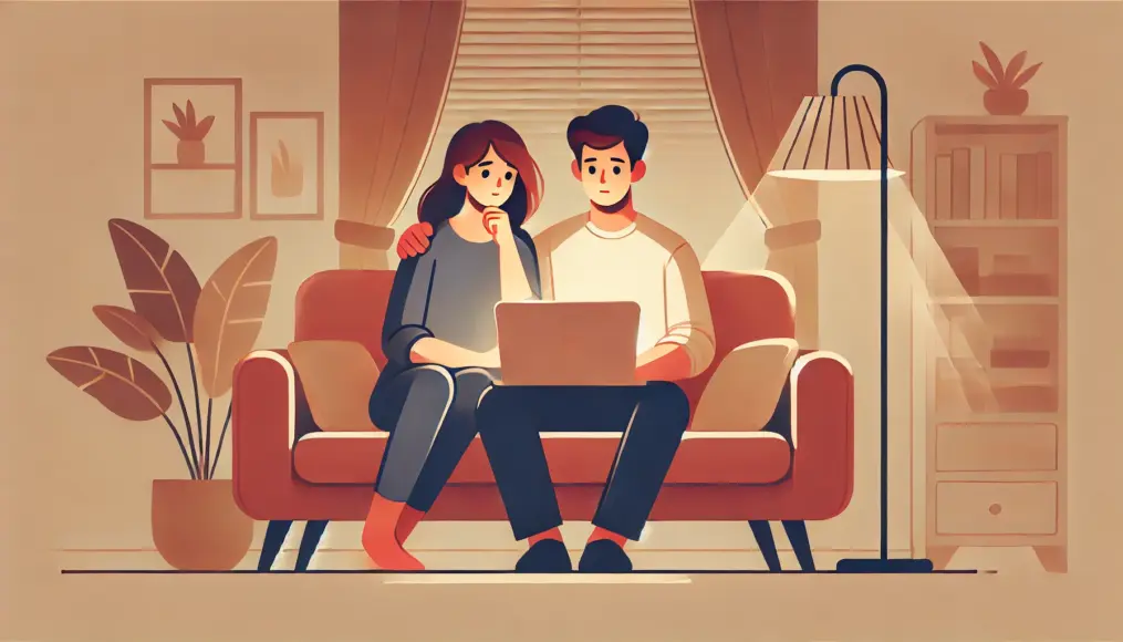 A couple sitting on their home sofa, looking at a laptop screen with serious expressions as they think about something