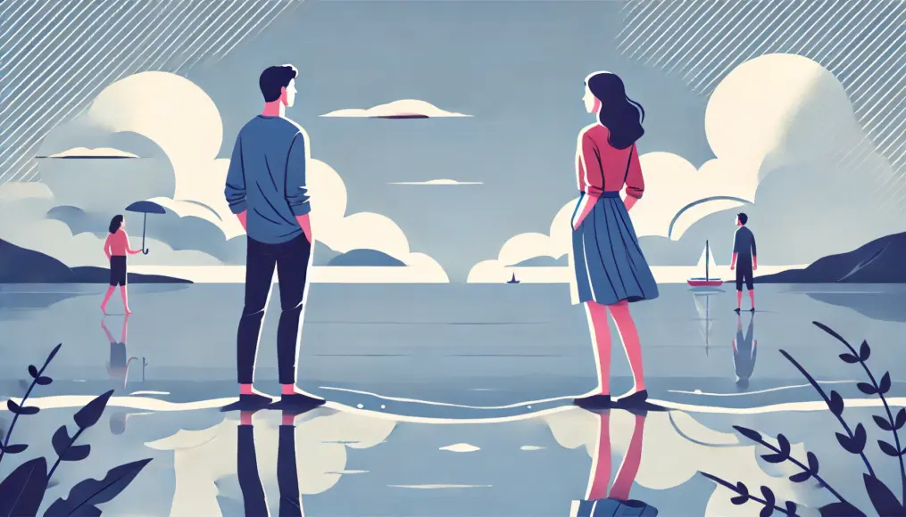 A couple standing by the ocean, looking in different directions, reflecting on their feelings.