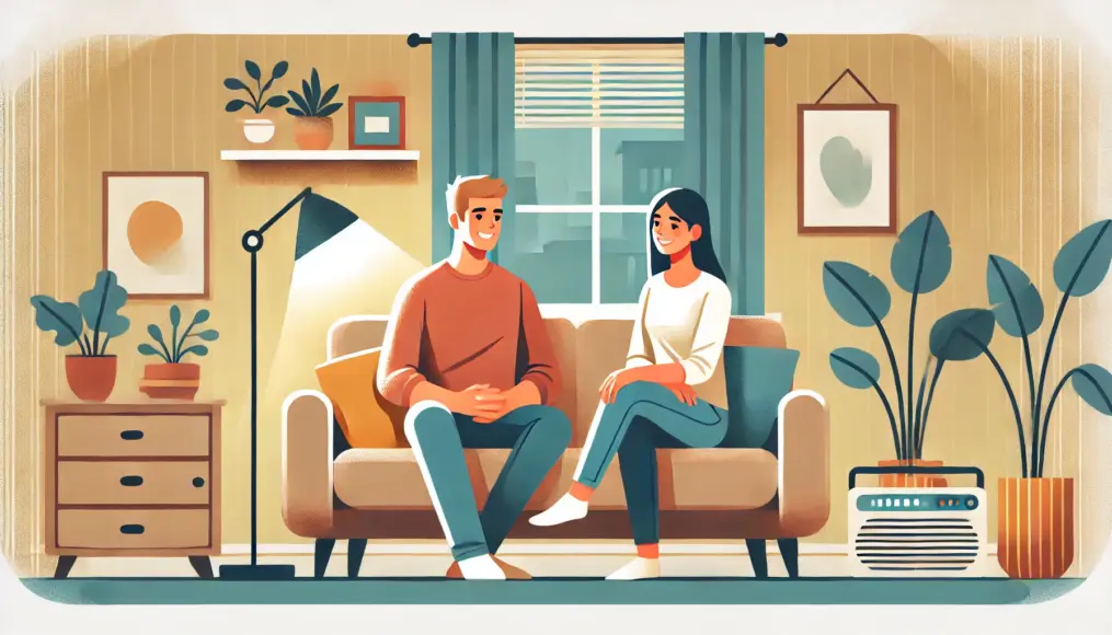 A couple sitting on the sofa in the living room, smiling and having a relaxed conversation. The room is warmly lit with casual decor creating a cozy atmosphere.