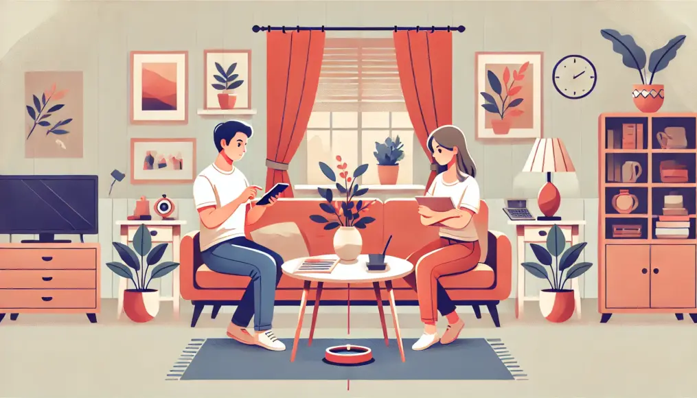 A couple spending time in the living room, each engaged in different activities, showing mutual respect without forcing alignment.