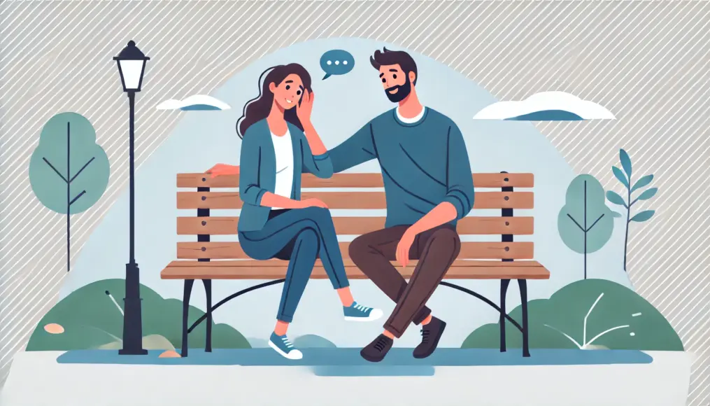 A couple sitting on a park bench, relaxed and engaged in a natural conversation. They seem to be genuinely listening to and understanding each other.