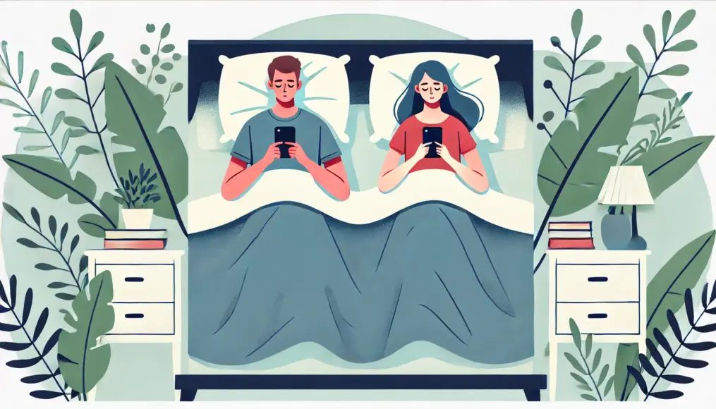 A couple lying in bed, each using their smartphones, illustrating mutual comfort while maintaining personal space.