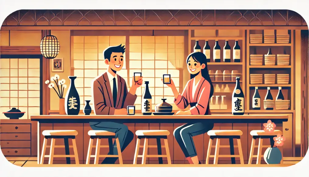 A happy couple enjoying sake and shochu in a traditional Japanese bar