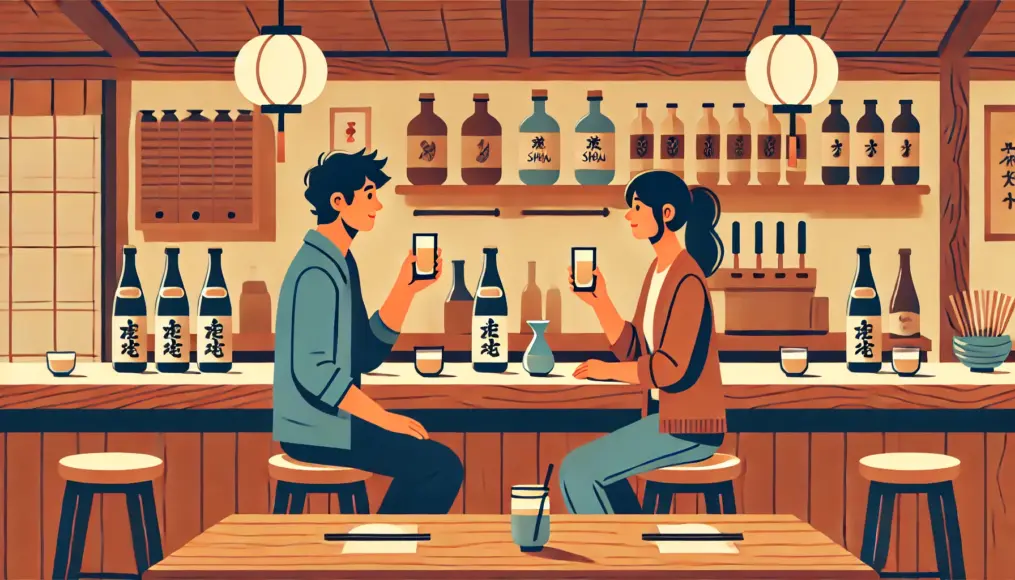 A couple sitting at a bar counter, discussing the differences between sake and shochu while enjoying their drinks