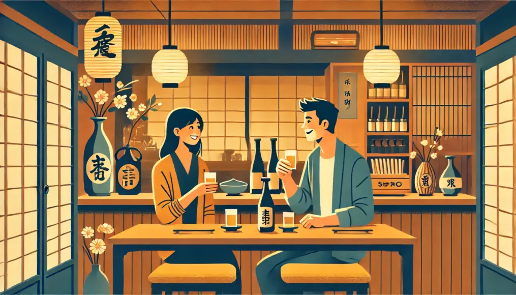 A couple enjoying a conversation in a cozy Japanese bar