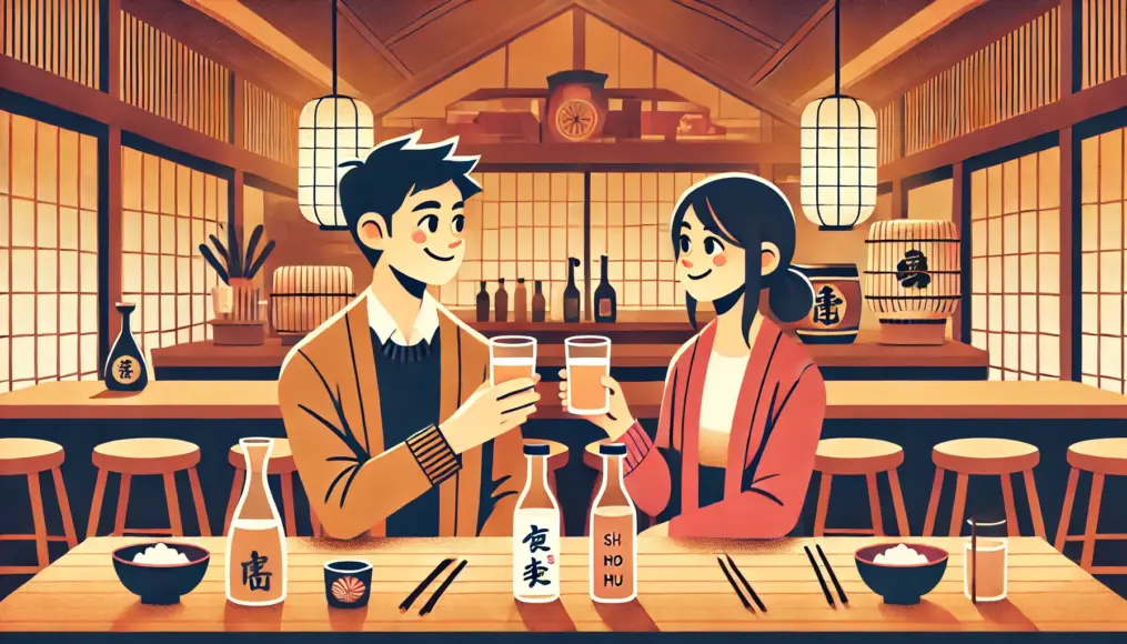 A couple toasting and smiling at each other in a Japanese-style bar