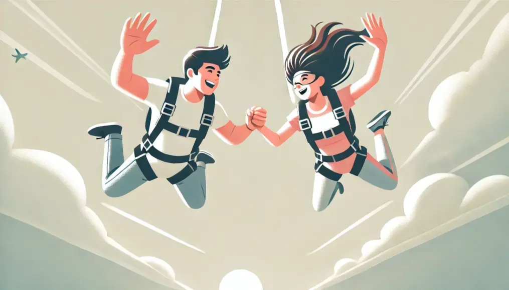 A couple skydiving together, holding hands mid-air as they freefall. They share the thrill and excitement of the moment, creating an unforgettable memory