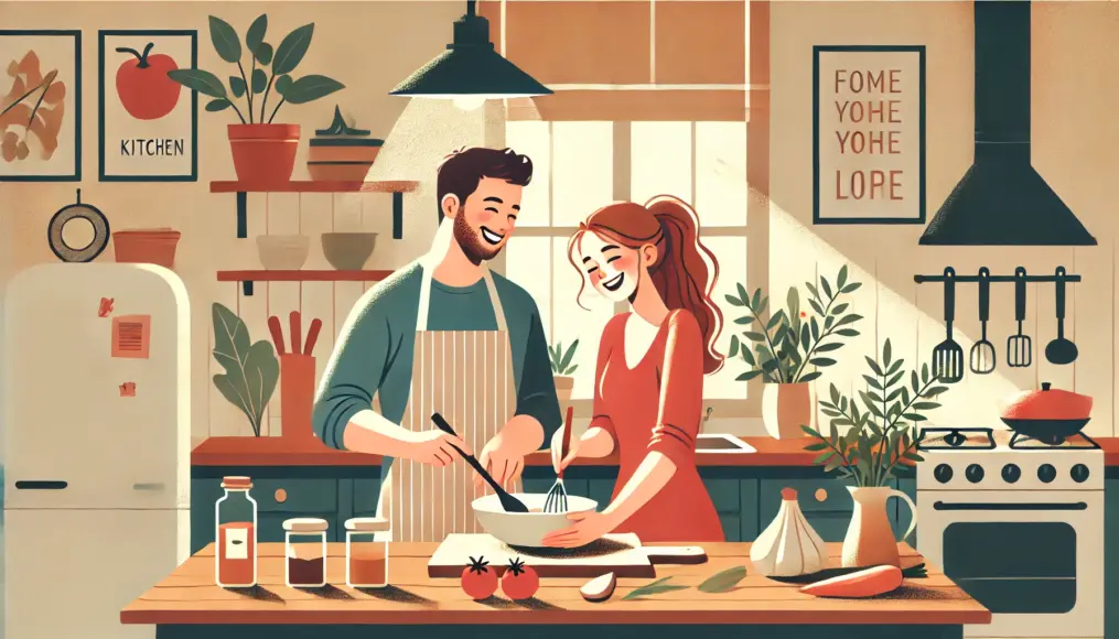 A couple cooking together in the kitchen, laughing and sharing tasks as they prepare a meal