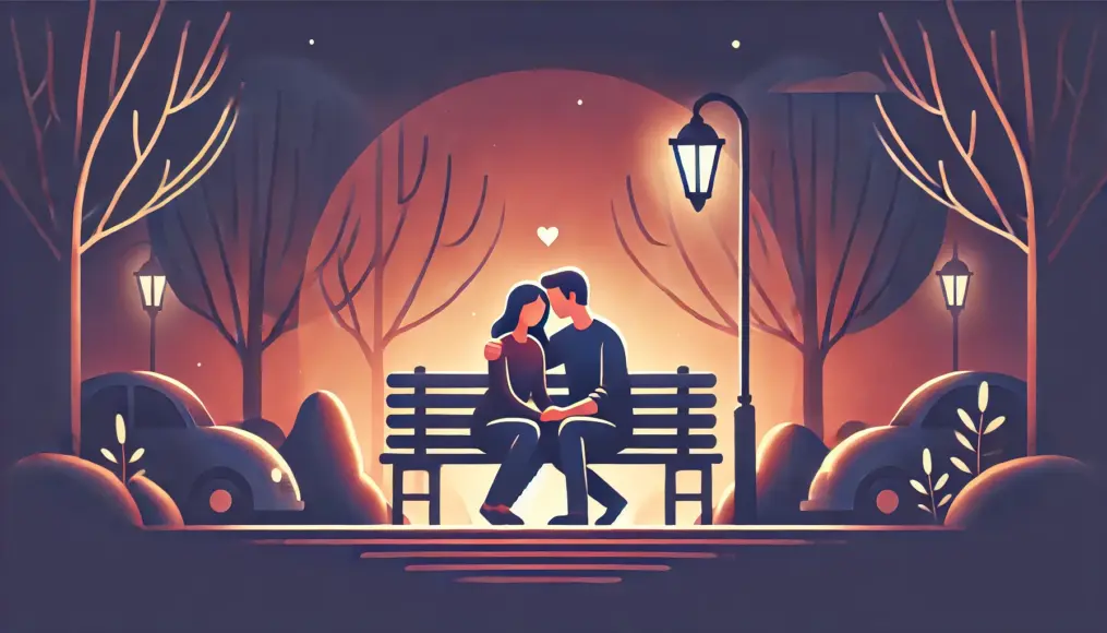 A couple sitting on a park bench at night, leaning in closely and sharing intimate secrets in a warm and affectionate atmosphere.