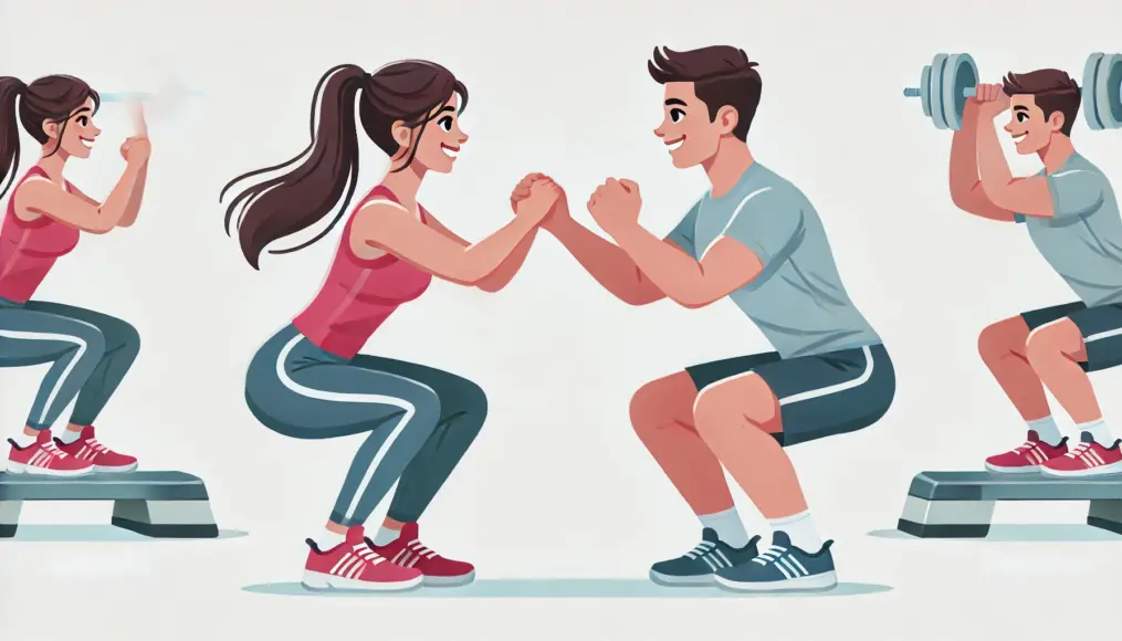 A couple performing partner squats while smiling and encouraging each other, enjoying their workout together.