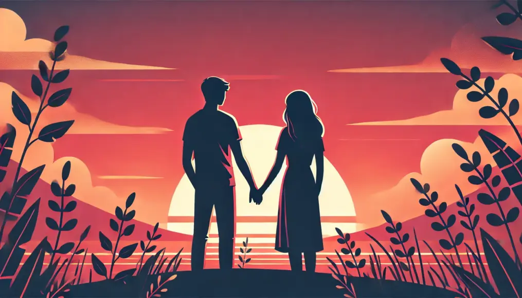 A couple holding hands while watching the sunset