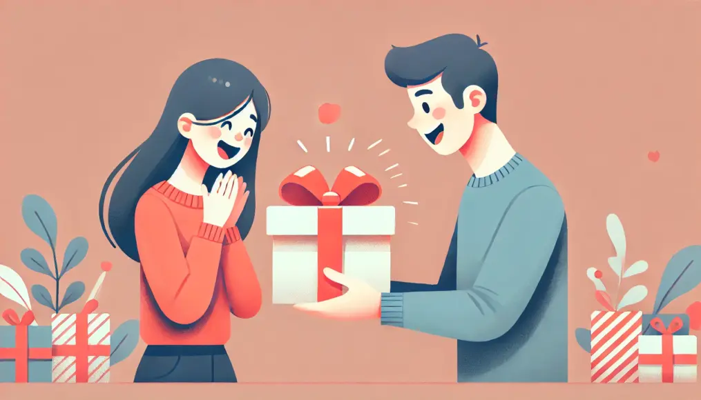 A couple exchanging a surprise gift, with expressions of joy and excitement