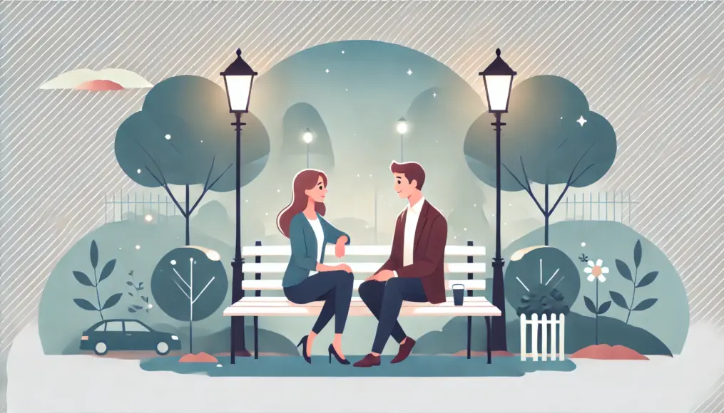 A couple sitting on a park bench, sharing a heartfelt conversation while looking at each other warmly.