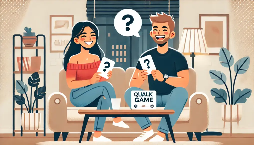 A couple sitting in their living room, laughing and enjoying a talk game in a relaxed atmosphere. Both are engaged and having a great time.