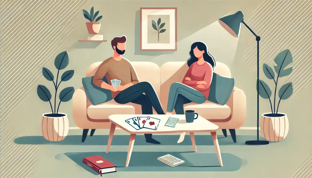 A couple sitting on a sofa, relaxing and chatting. A table in front of them holds cards and a notebook, suggesting they are enjoying a talk game.