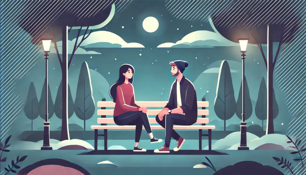 A couple sitting on a park bench at night, engaged in a quiet conversation. Both appear calm and reflective, creating a peaceful atmosphere.