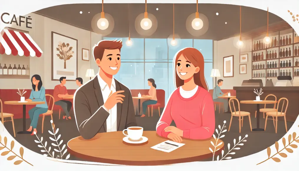 A couple chatting in a café, smiling and actively exchanging ideas to find solutions together.