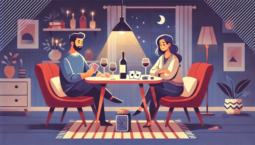 A couple sitting across from each other at a nighttime café. They have coffee cups on the table and are enjoying a relaxed and meaningful conversation