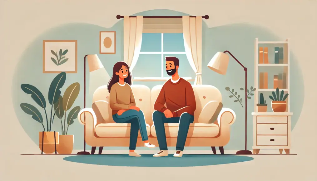 A couple sitting on a sofa in the living room, relaxing and having a conversation. They are smiling and sharing their thoughts on each other's values