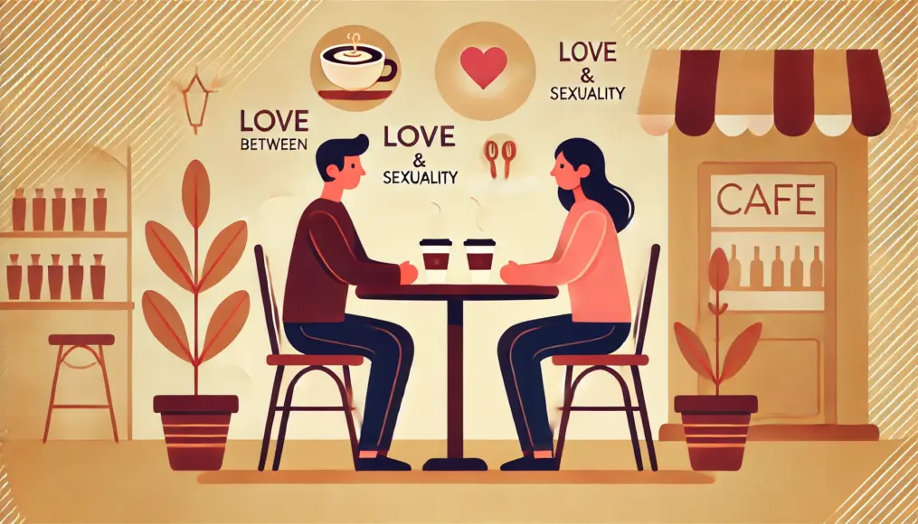 A couple having a conversation in a cafe. The table has coffee cups, and they are discussing the relationship between love and sex with calm expressions.