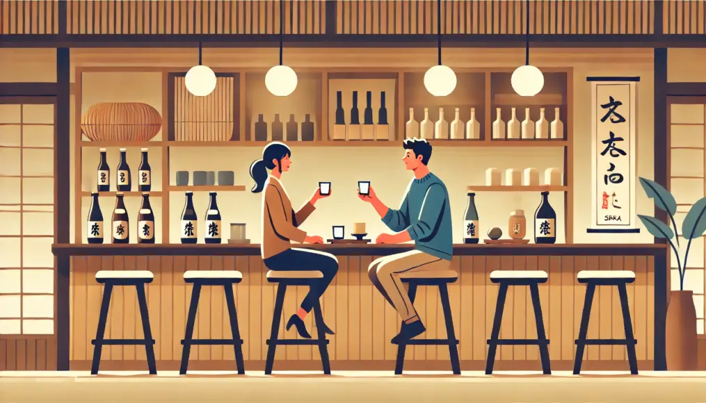 A couple sitting at the bar counter, comparing sake and shochu while enjoying their drinks