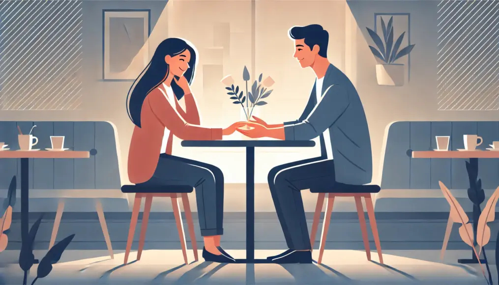 A couple gently touching each other's hands in a relaxed atmosphere at a cozy café corner, sharing warm smiles as they spend peaceful time together