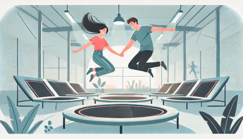 A couple bouncing on a trampoline park, laughing and enjoying the energetic experience