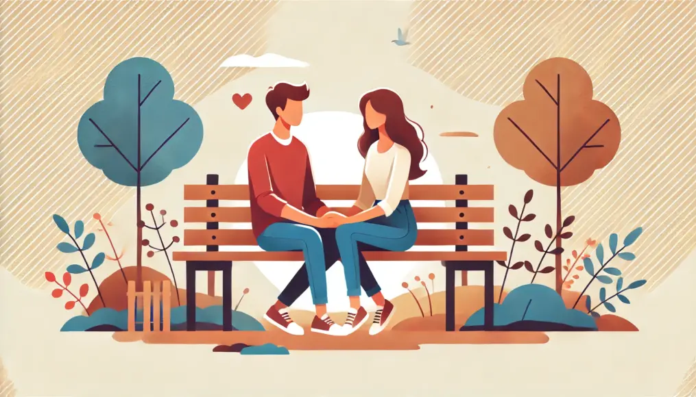 A couple holding hands while sitting on a park bench, enjoying a warm and intimate moment