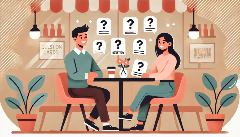 A couple sitting in a café, engaging in a lively conversation with question cards on the table, enjoying the process of learning about each other.