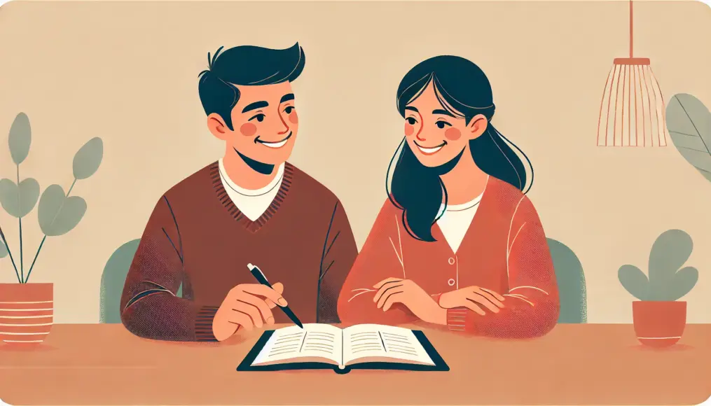 A couple happily studying together, symbolizing shared learning and relationship growth