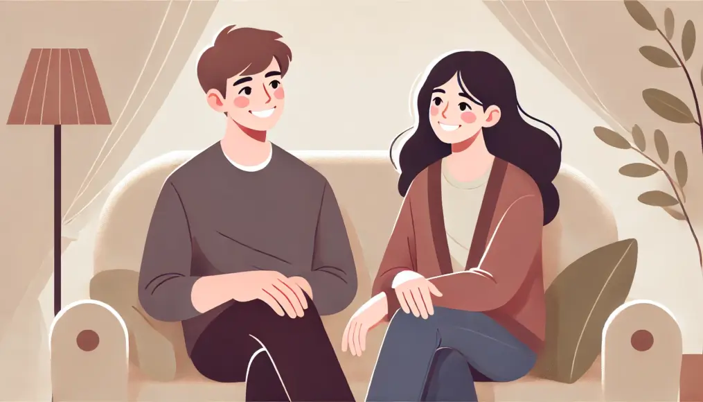 A couple sitting on the sofa, chatting happily. They are smiling warmly at each other in a cozy atmosphere with soft lighting