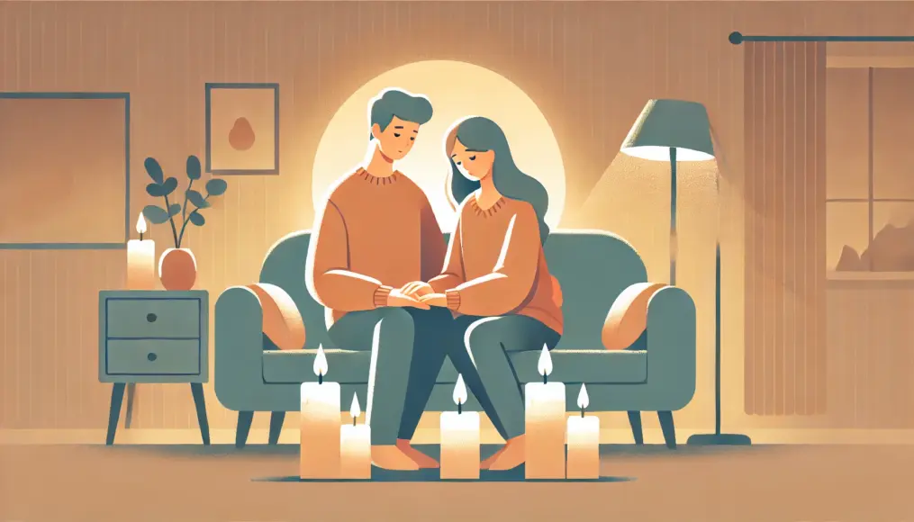 A couple holding each other’s hands in a cozy living room lit by candlelight, sharing warmth in a peaceful ambiance