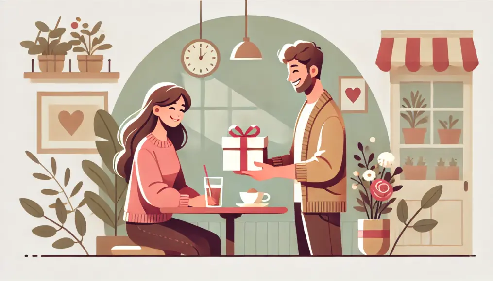 A couple sitting in a café, exchanging a small but thoughtful surprise gift