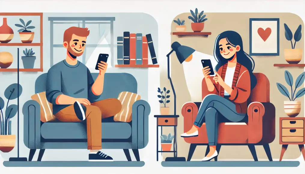 A man and woman sitting in their respective homes, texting each other on their smartphones after the date. The screen displays "I had a great time today! Let’s meet again," and both of them are looking at their phones with relaxed expressions