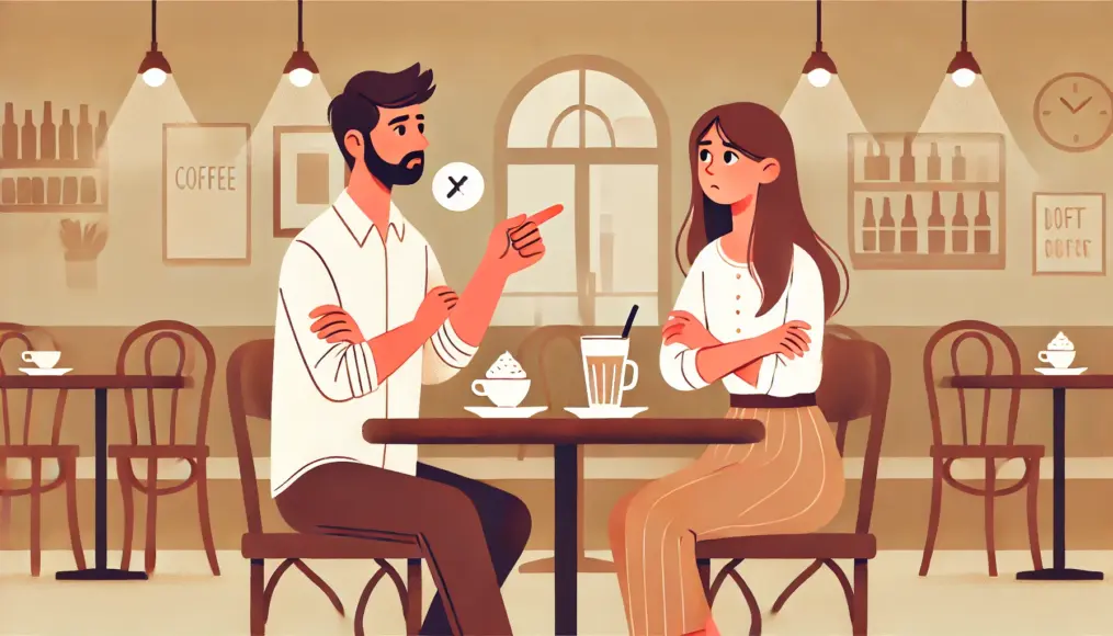 A couple sitting at a café table. The man, with arms crossed, appears to be rejecting what the woman is saying, while she looks slightly uncomfortable. Coffee and desserts are on the table