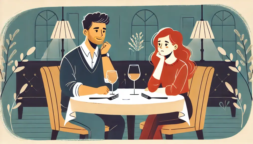 A couple sitting at a restaurant table looking slightly uncomfortable. The man seems to be discussing a past relationship, while the woman’s expression suggests mild annoyance. A wine glass is on the table