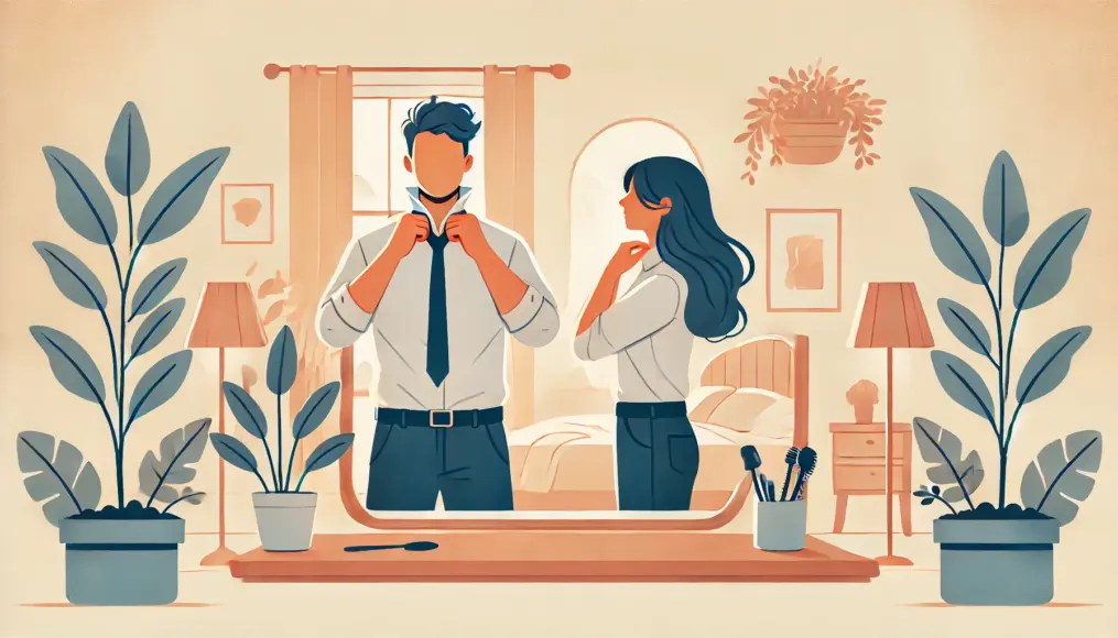 A man adjusting his shirt collar and a woman fixing her hair in front of a mirror before the date. The room has indoor plants and minimalist decor, creating a calm and cozy atmosphere