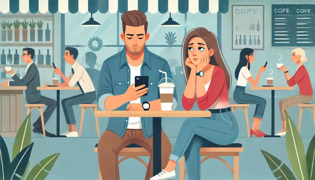 A man looking at his smartphone at a café table while his date appears slightly frustrated. She seems eager to talk, but he is too focused on his screen