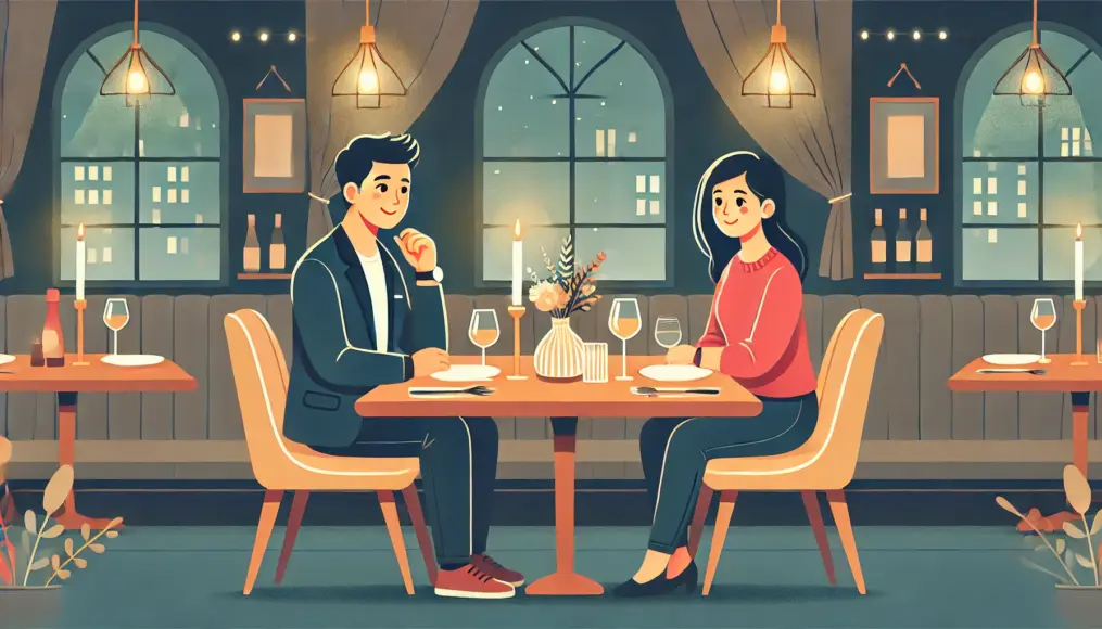 A couple sitting at a restaurant table, smiling as they talk. The man nods while attentively listening to the woman