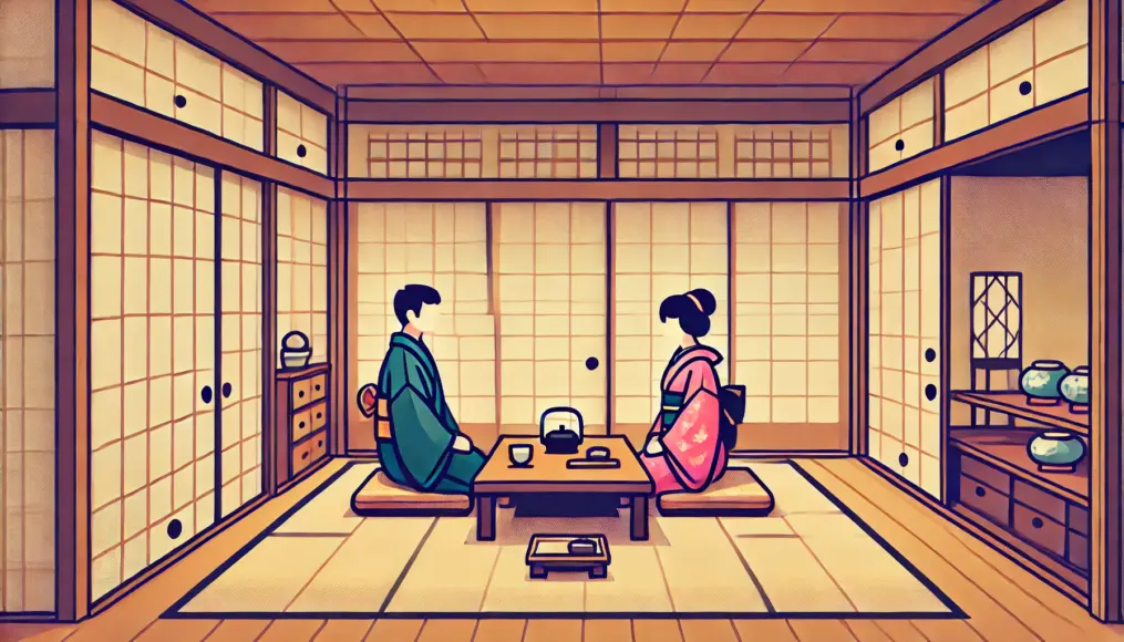 An Edo-period teahouse interior, where a couple sits on tatami mats, engaged in quiet conversation