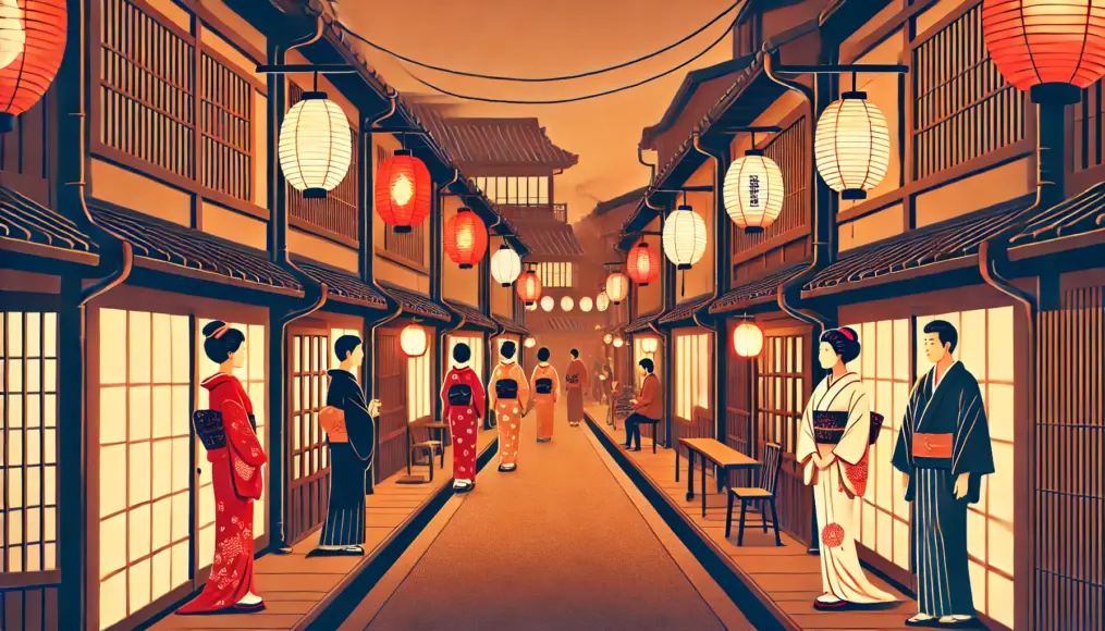 A recreated scene of an Edo-period pleasure district, with lantern-lit alleys and people walking through