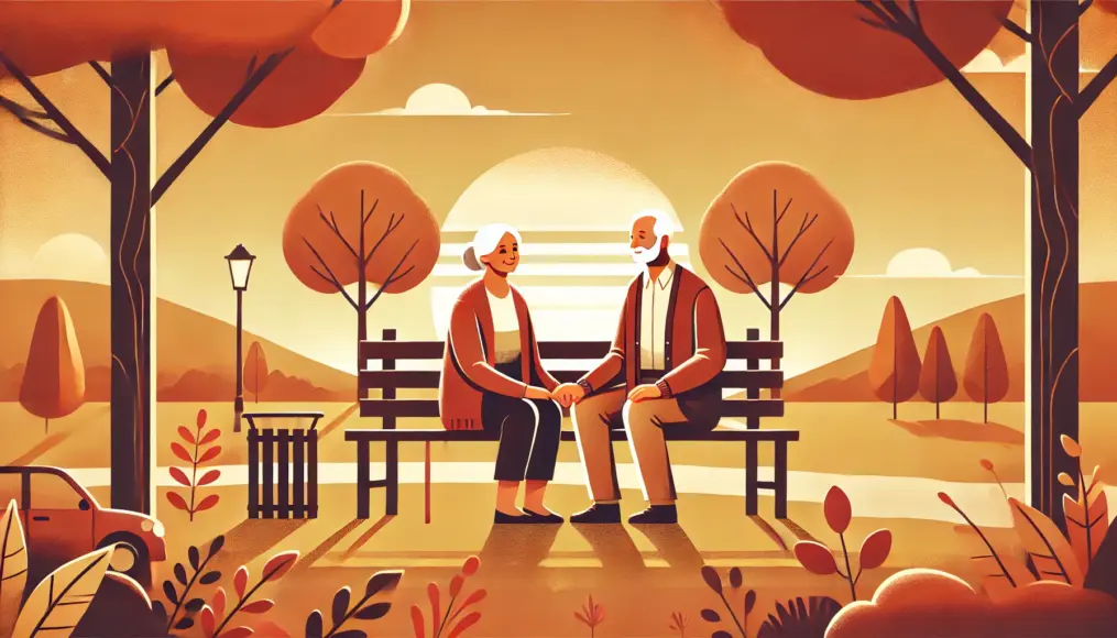 An elderly couple sitting on a bench in a park during sunset, holding hands and smiling at each other. The warm ambiance symbolizes the lasting bonds of love built over time.