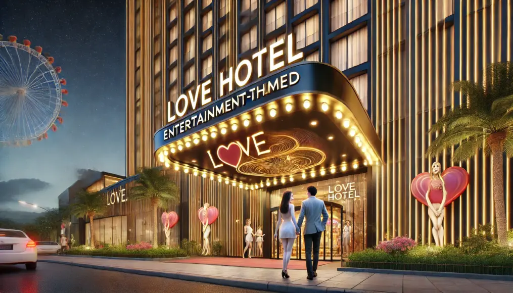 A luxurious and playful entertainment-themed love hotel entrance, with a couple excitedly walking in