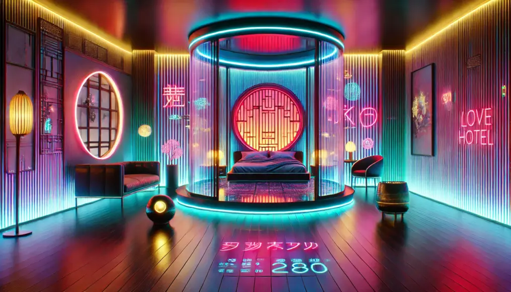 A futuristic Asian love hotel interior with colorful neon lights creating a dreamlike atmosphere