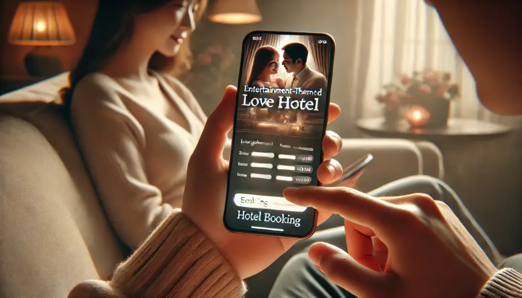 A couple browsing an entertainment-themed love hotel’s booking page on a smartphone