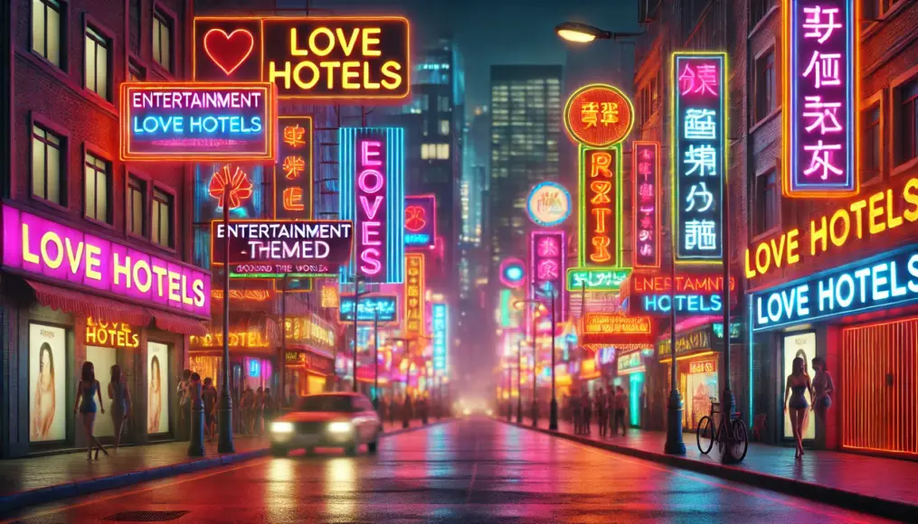 A vibrant neon-lit street symbolizing entertainment-themed love hotels worldwide