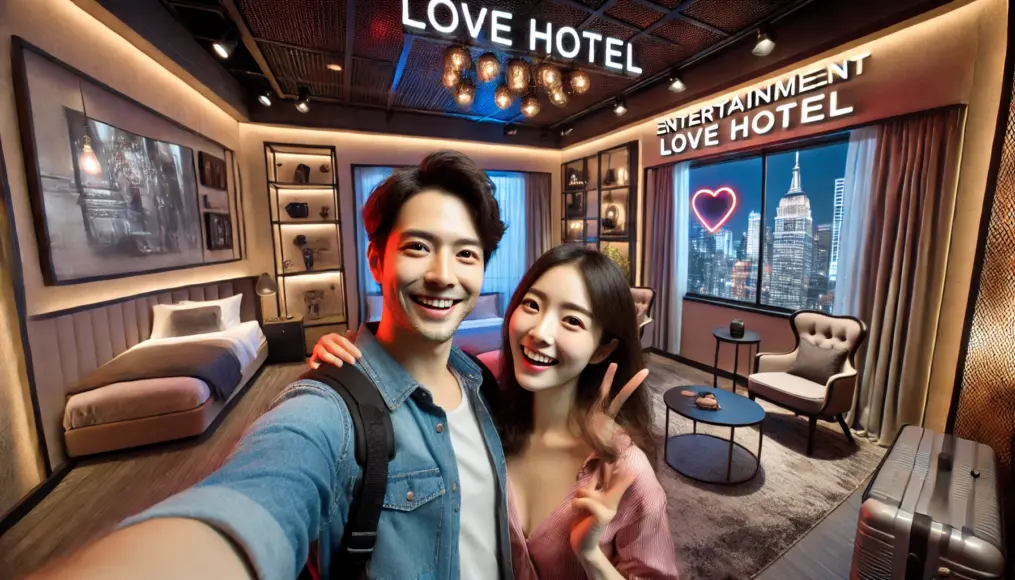 A couple taking a fun selfie inside an entertainment-themed love hotel room