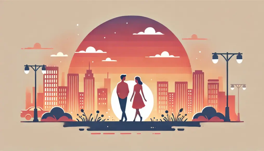 A couple strolling through the city at sunset, appreciating their time together